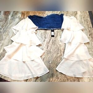NWT Fashion Nova Denim Off Shoulder Top Women’s L Ruffle Sleeve Statement Party